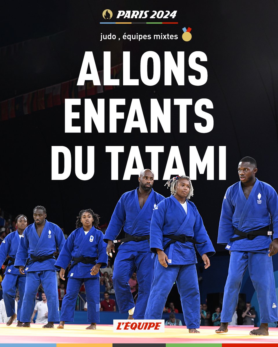 lequipe's tweet image. Vainqueur de la manche décisive en finale de l'épreuve par équipes mixtes face au Japon (4-3), Teddy Riner a permis aux Bleus de conserver leur titre acquis en 2021 à Tokyo, face au même adversaire. 
ow.ly/UILP50SQAk4

#Paris2024
