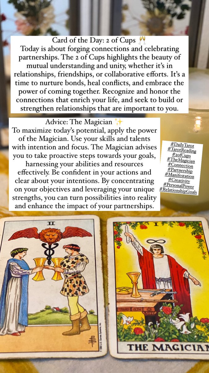 starwalkerwitch's tweet photo. 💫 Your Daily Tarot

2 of Cups 🥂 &amp; The Magician ✨

Focus on deepening connections and using your skills to achieve your goals. Embrace collaboration and work with determination to bring your visions to life!

#DailyTarot #TarotReading #2ofCups #TheMagician #Connection #Tarot https://t.co/NQKBPtukN7