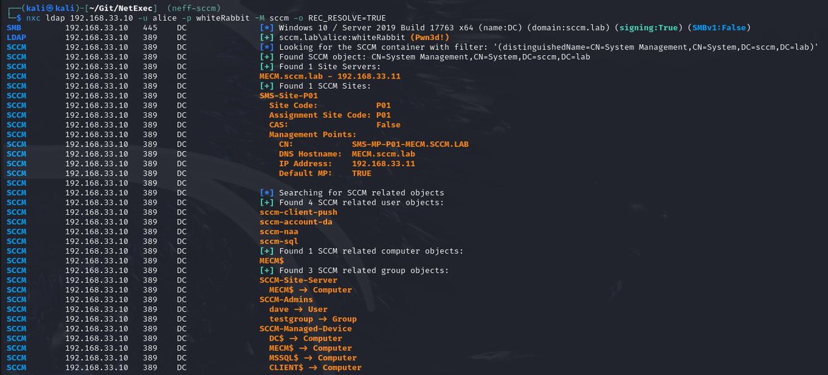 Inspired by the great talk by <a href="/subat0mik/">Duane Michael</a>, <a href="/_Mayyhem/">Chris Thompson</a> and <a href="/garrfoster/">Garrett Foster</a> at #Troopers24, I wrote a new SCCM reconnaissance module that implements the RECON-1 (LDAP) part of the Misconfiguration Manager.

This makes it much easier to enumerate the existing SCCM infrastructure🎯