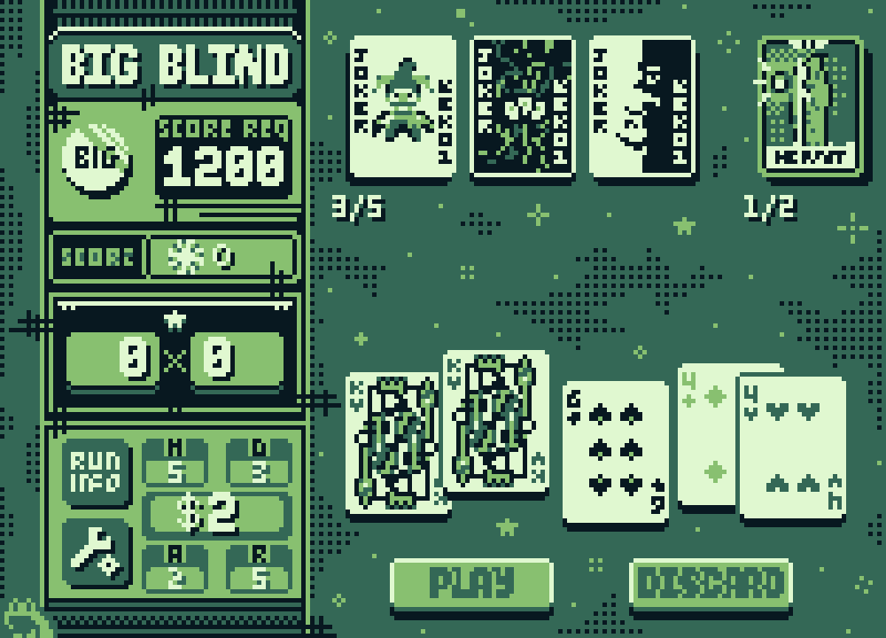frogcap's tweet image. what if balatro was a gameboy game? #pixelart