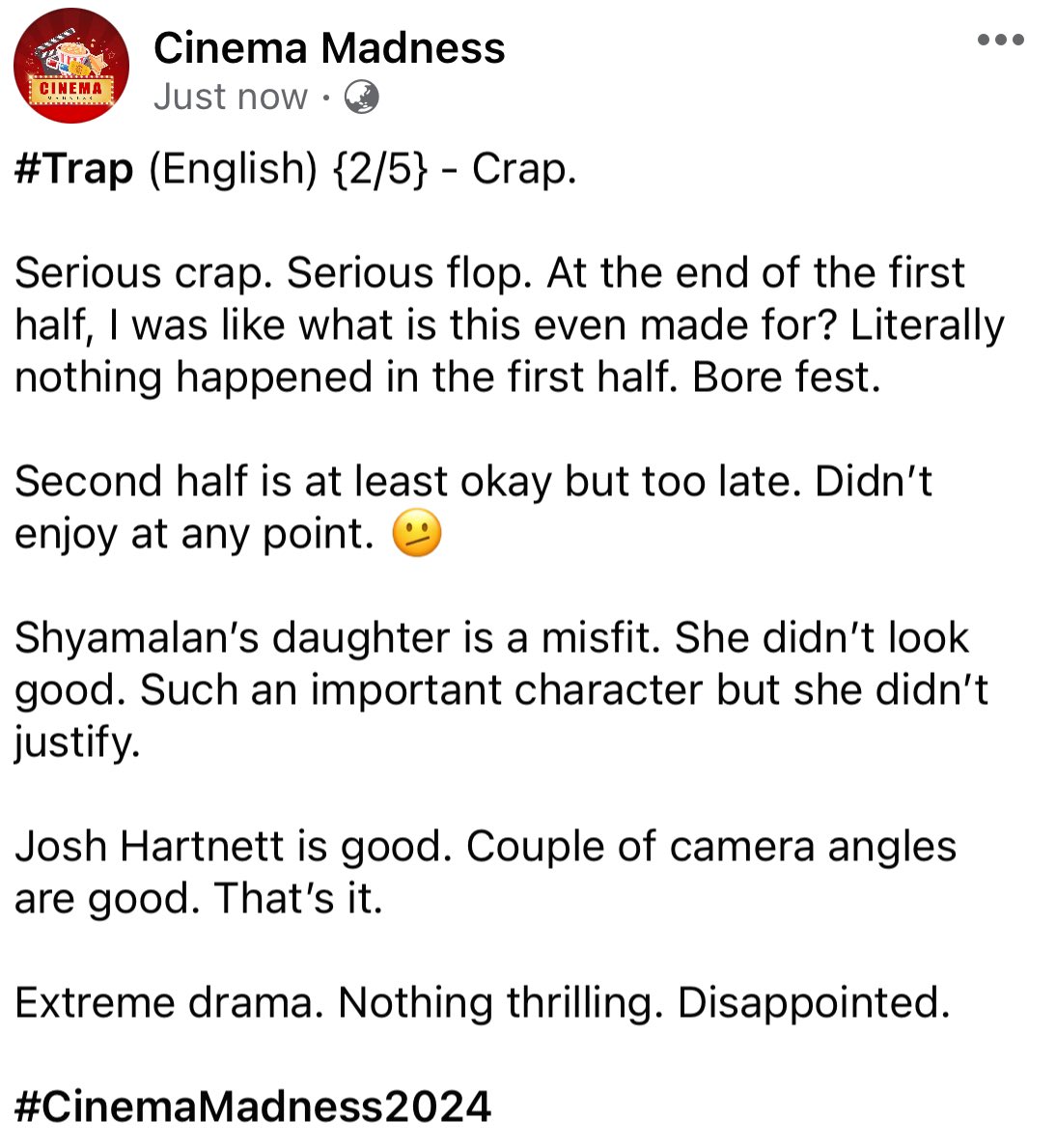 CinemaMadness24's tweet photo. #Trap (English) {2/5} - Crap.
#TrapReview https://t.co/zWcuYMOSac