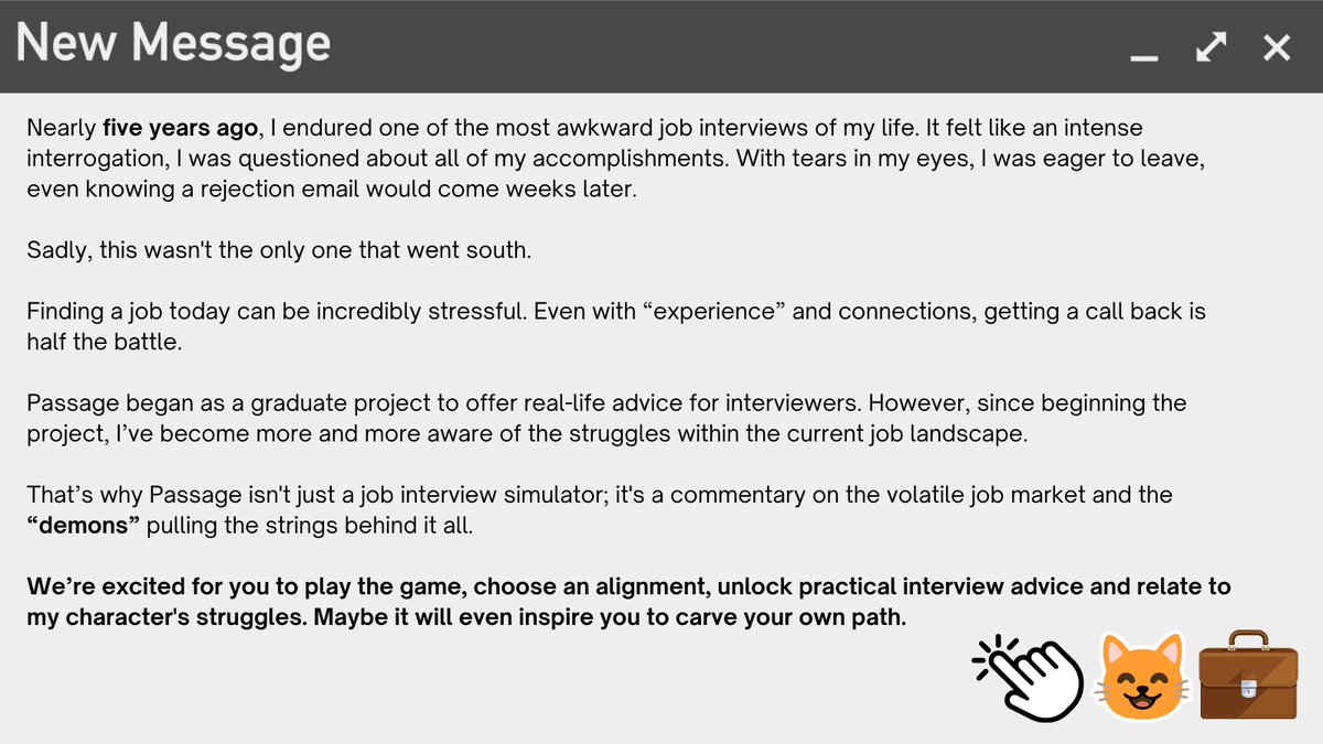 A special message from the dev about Passage 🐈✨💌

Choose your Path!: store.steampowered.com/app/2311230/Pa…