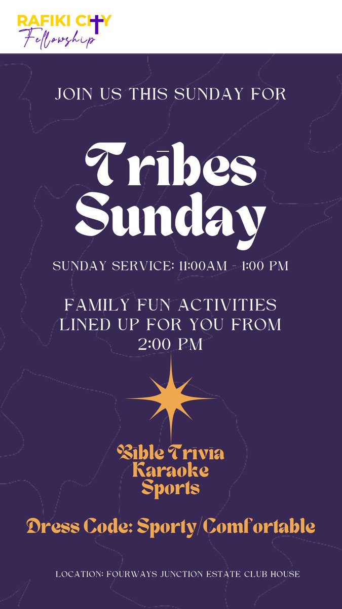 Friends of God, join us for our Tribes Sunday tomorrow. We will be having a fun family Sunday after our morning service in our tribes. Find your tribe and show up!! #rafikicityfellowship