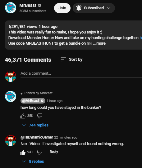 ThDynamicGamer1's tweet photo. I just left a comment on MrBeast's new video, and they fucking hid it. Try searching for my comment or any comments about the allegations—you won't find any because he and his team are cowards. MrBeast, if you're reading this, stop being a pussy and respond to the allegations. https://t.co/ZxRk2sHxVj