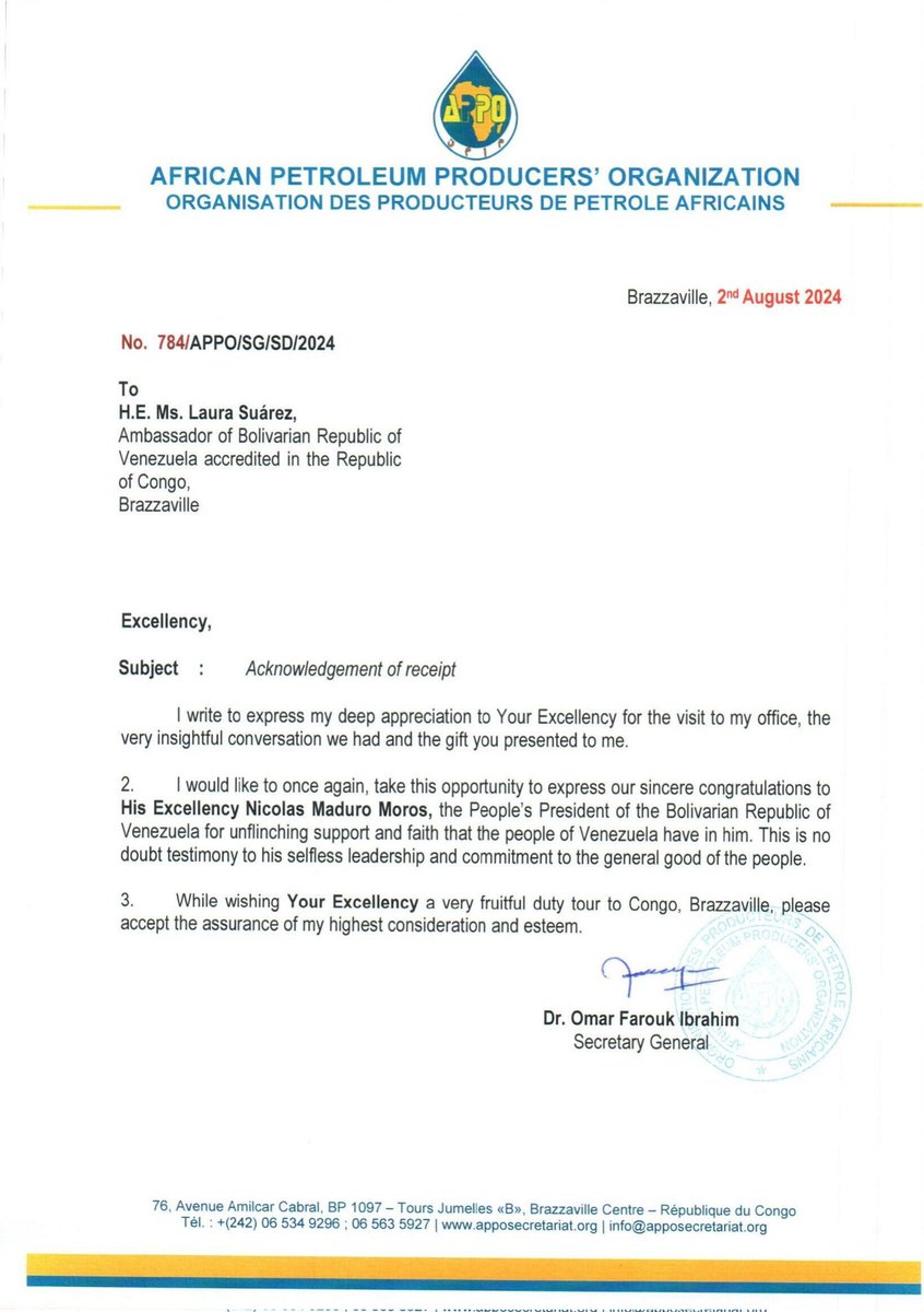 En nombre del Presidente <a href="/NicolasMaduro/">Nicolás Maduro</a>, expresamos nuestro sincero agradecimiento al Secretario General de la Organización Africana de Productores de Petróleo (APPO), Omar Farouk Ibrahim, por su cordial mensaje de felicitaciones con motivo de la reelección alcanzada el 28 de