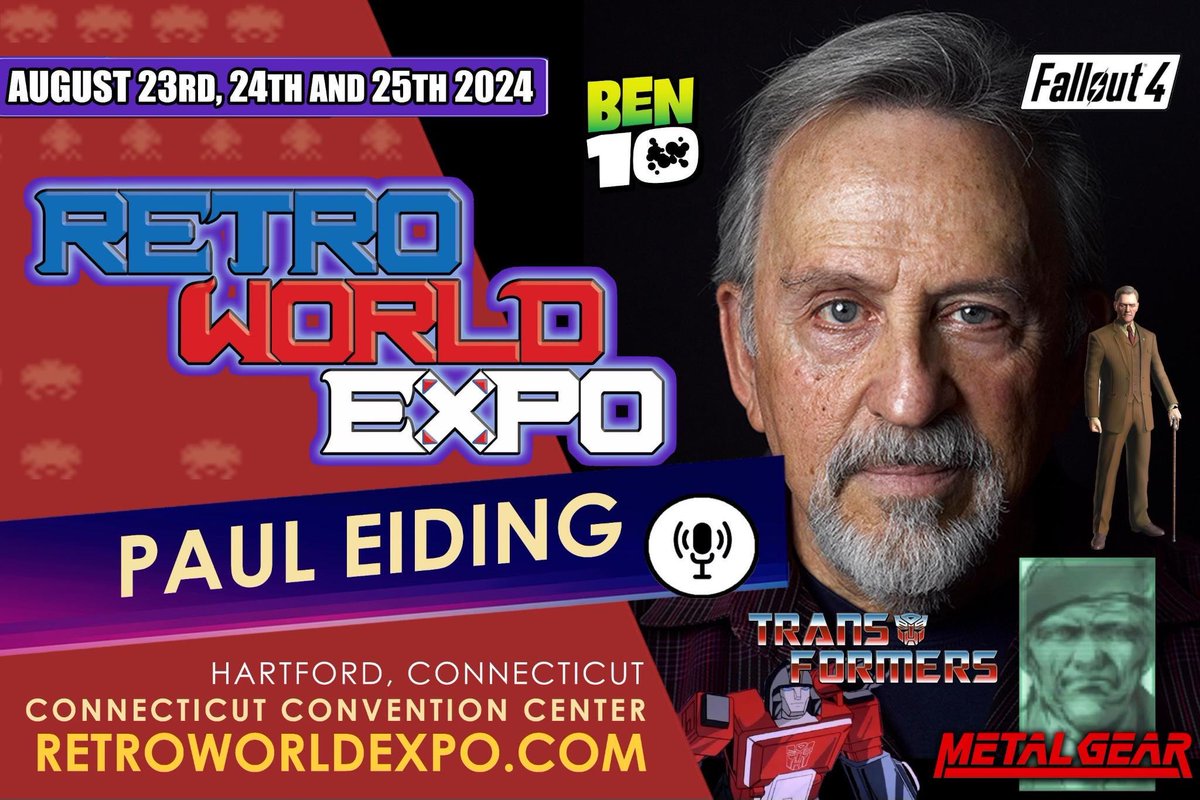 Welcome Paul Eiding to #RWX24! <a href="/4pauleiding/">Paul Eiding</a> has had an illustrious voice acting career. From #Transformers to Ben 10 to games like #Fallout and probably most notable, "Coronel Roy Campbell" in the #MetalGearSolid franchise. Paul has done it all! RetroWorldExpo.com
