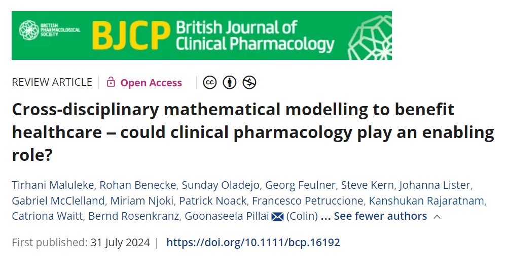 New publication in <a href="/BritJClinPharm/">British Journal of Clinical Pharmacology (BJCP)</a>. Many disciplines use mathematical modelling: how can we learn from one another? <a href="/pmxafrica/">PMX Africa</a> and <a href="/SUDataSchool/">Data School</a> hosted the Cross Disciplinary Mathematical Modelling &amp; Simulation Symposium to explore this. Write up is here.

bpspubs.onlinelibrary.wiley.com/doi/10.1111/bc…