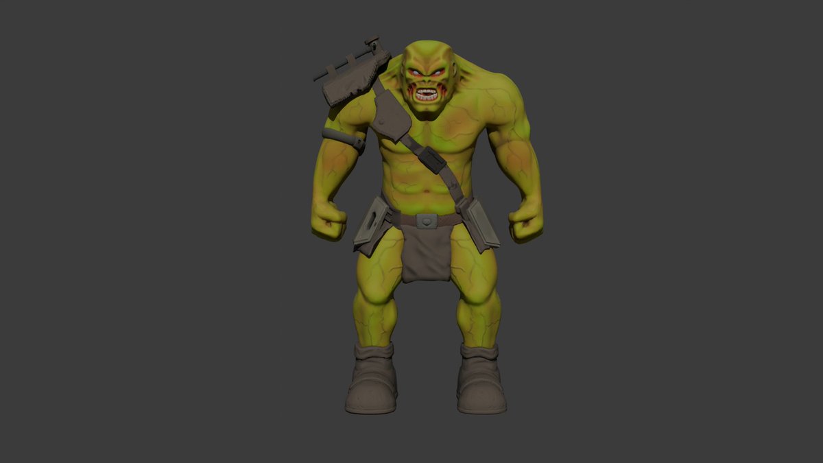 After making far too many mistakes whilst learning about retopology and baking... I have finally started hand painting my #Fallout Super Mutant, which I decided to try for <a href="/GameDevTV/">GameDev.tv</a> 's character design course!! 

#RobloxDev #3dmodeling #blender #ROBLOX