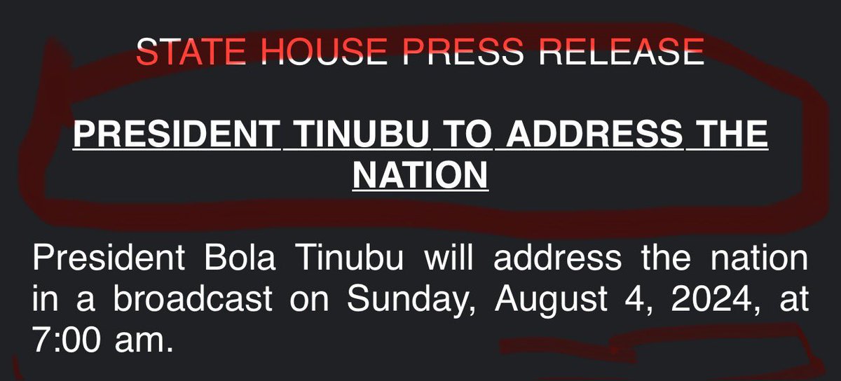 sowore's tweet photo. We've been informed of a plan by the @officialABAT to address the “NATION” tomorrow (Sunday); the “address” is designed to chill what they know would be a massive outing for #EndBadGovernance in Nigeria on Monday, August 5th 2024. 

Don't fall for this trick. Keep mobilizing for EAGLE SQUARE Abuja at 7 a.m. on Monday. 

People should start arriving in Abuja tomorrow if they decide to close down roads entering Abuja. Satellite towns around Abuja are also being mobilized to engage in ACTION. #NoGoingBack #EndBadGovernace #RevolutionNow