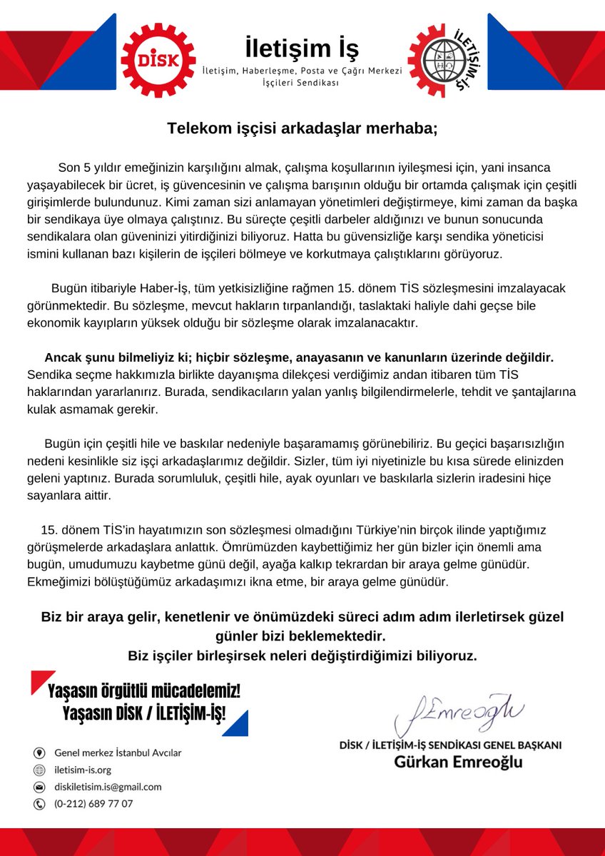 Genel Başkanımız Gürkan Emreoğlu'nun Türk Telekom işçilerine son olaylar üzerine mesajı. 
Hiçbir sözleşme, anayasanın ve kanunların üzerinde değildir. <a href="/EmreogluGurkan/">Gürkan Emreoğlu</a>