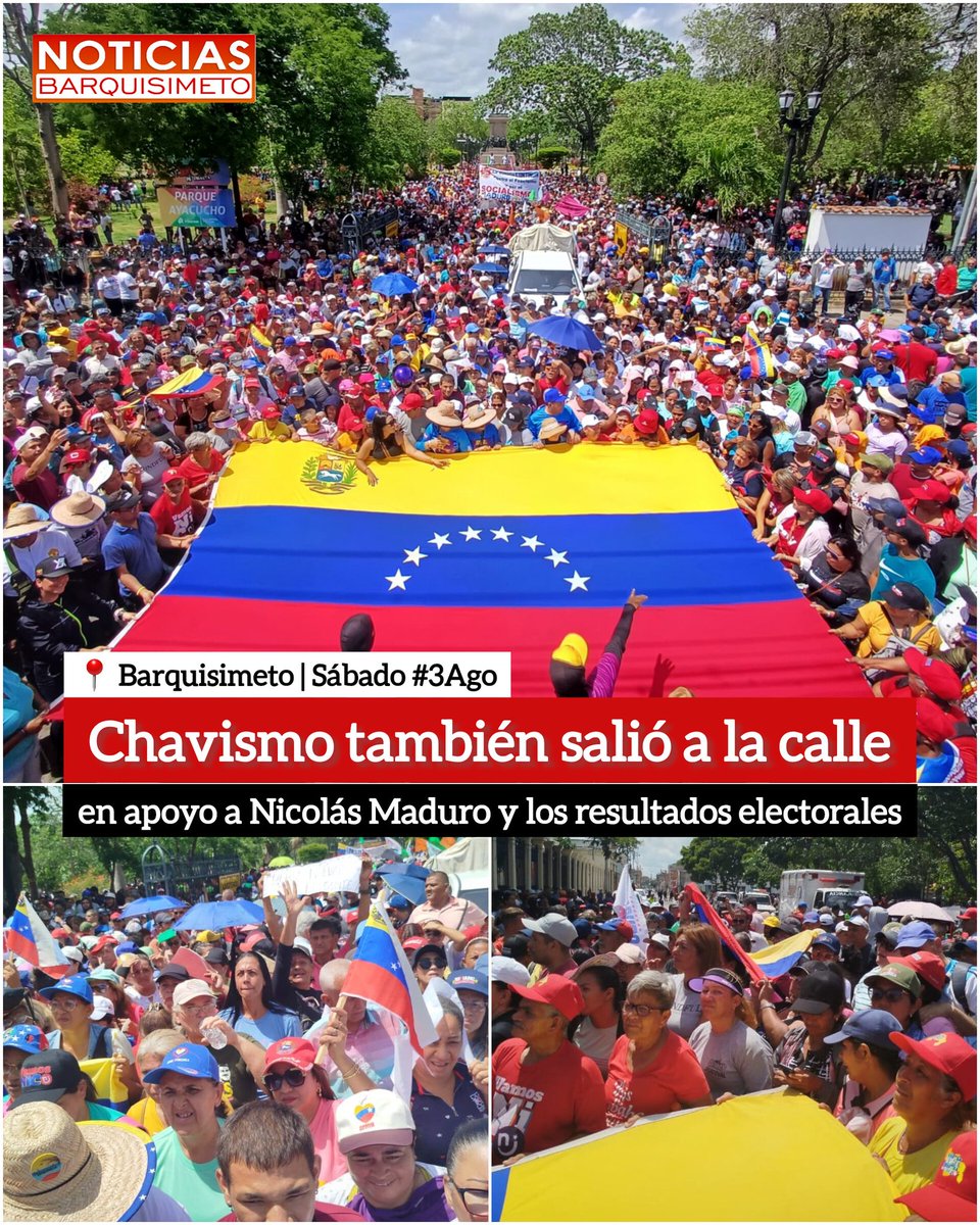 NoticiasBqto's tweet photo. 📍 Barquisimeto | #3Ago
.
📷 El Chavismo también salió a la calle, en apoyo al presidente Nicolás Maduro y en defensa de los resultados electorales del pasado #28Jul anunciados por el CNE https://t.co/acI3SIc2WJ