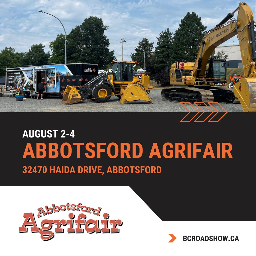 BCRoadShow's tweet photo. We are live from the Agrifair all weekend! 🎪 Put your skills to the test in our heavy machinery simulators, including a snowplow, bulldozer, motor grader, and excavator. 🚜 https://t.co/4O00W1bllN