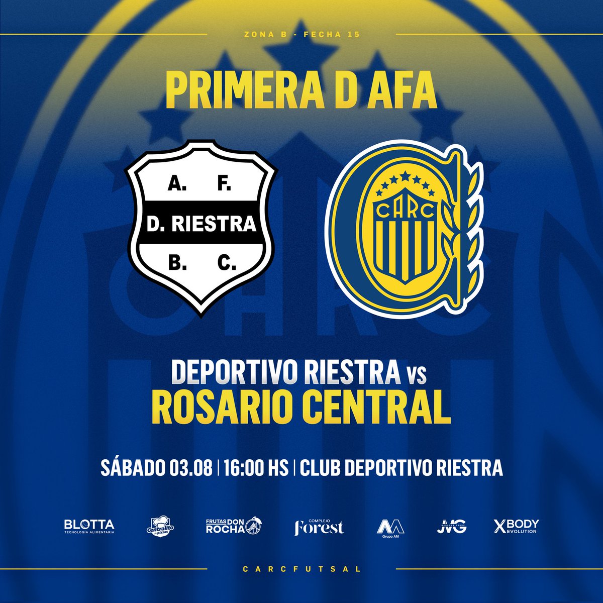 CARCfutsal's tweet photo. #FutsalAFA | ¡#HoyJuegaCentral! 💙💛
🏆#PrimeraDAFA - Fecha 15
🆚️ @prensariestra
⏰ 16.00 hs
📍Club Deportivo Riestra
¡Vamos con todo!
#VamosCanalla🇺🇦 https://t.co/BppxCM4CQU