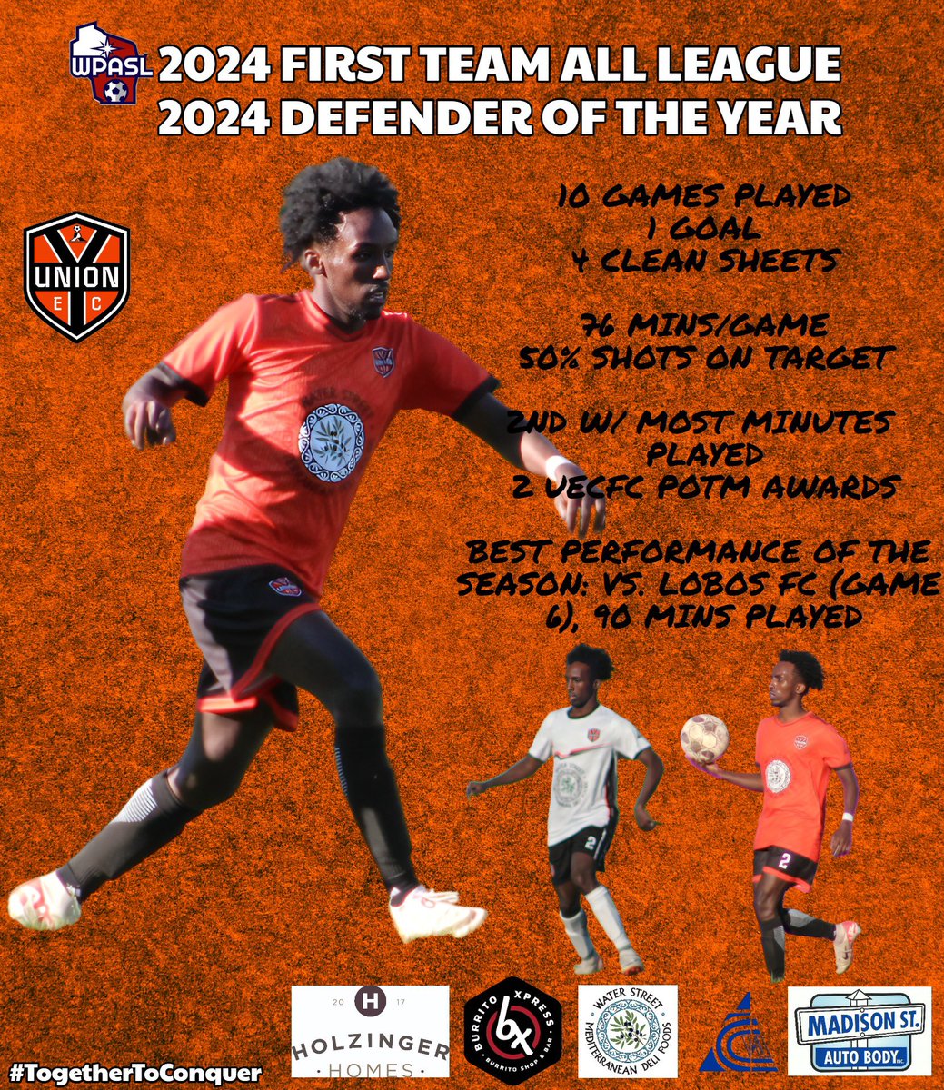 UnionECFC's tweet image. Congrats to Abubakar Hassan for making the WPASL First Team All League &amp;amp; winning the Defender of the Year. Abu made an outstanding leap this season &amp;amp; defended our wings at a very high level.

Union is delighted to have him &amp;amp; honored for these recognitions.

#TogetherToConquer