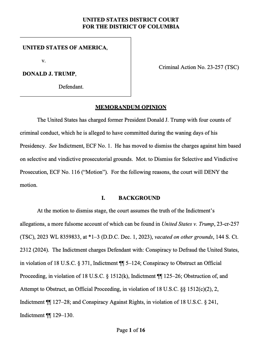 AnnaBower's tweet image. NEW: Judge Chutkan rejects Trump's motion to dismiss his criminal charges in DC based on vindictive and selective prosecution.