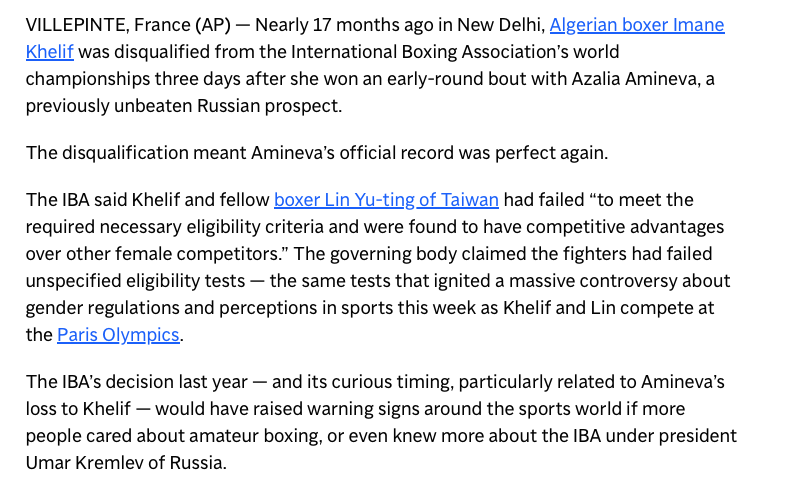 RichardHanania's tweet photo. Is the whole story about Imane Khelif being a man the result of a Russian misinformation campaign?

Last year, Khelif beat a previously undefeated Russian boxer.

All the information that Khelif is transgender or a man comes from the International Boxing Association (IBA). It is run by Umar Kremlev, an acquaintance of Putin. 

The IBA has been permanently banned from the Olympics for financial mismanagement and lack of transparency.

After Khelif beat the Russian boxer, she was disqualified and the Russian prospect went back to being undefeated. 

Kremlev, who has a personal gripe with the Olympics because of the ban, is now going around claiming Khelif and another Taiwanese boxer are not actually women, supposedly based on tests. According to the AP, "the IBA has refused to officially say what, when or where these tests were administered, who evaluated them, or what the results meant." He's also calling the Olympics "pure devilry" and urging the current head of the International Olympic Committee to resign. 

I jumped to conclusions on this, and clearly we need more information. There is no reason to take the IBA's word on anything, and we should be vigilant against foreign actors spreading misinformation in order to create division.