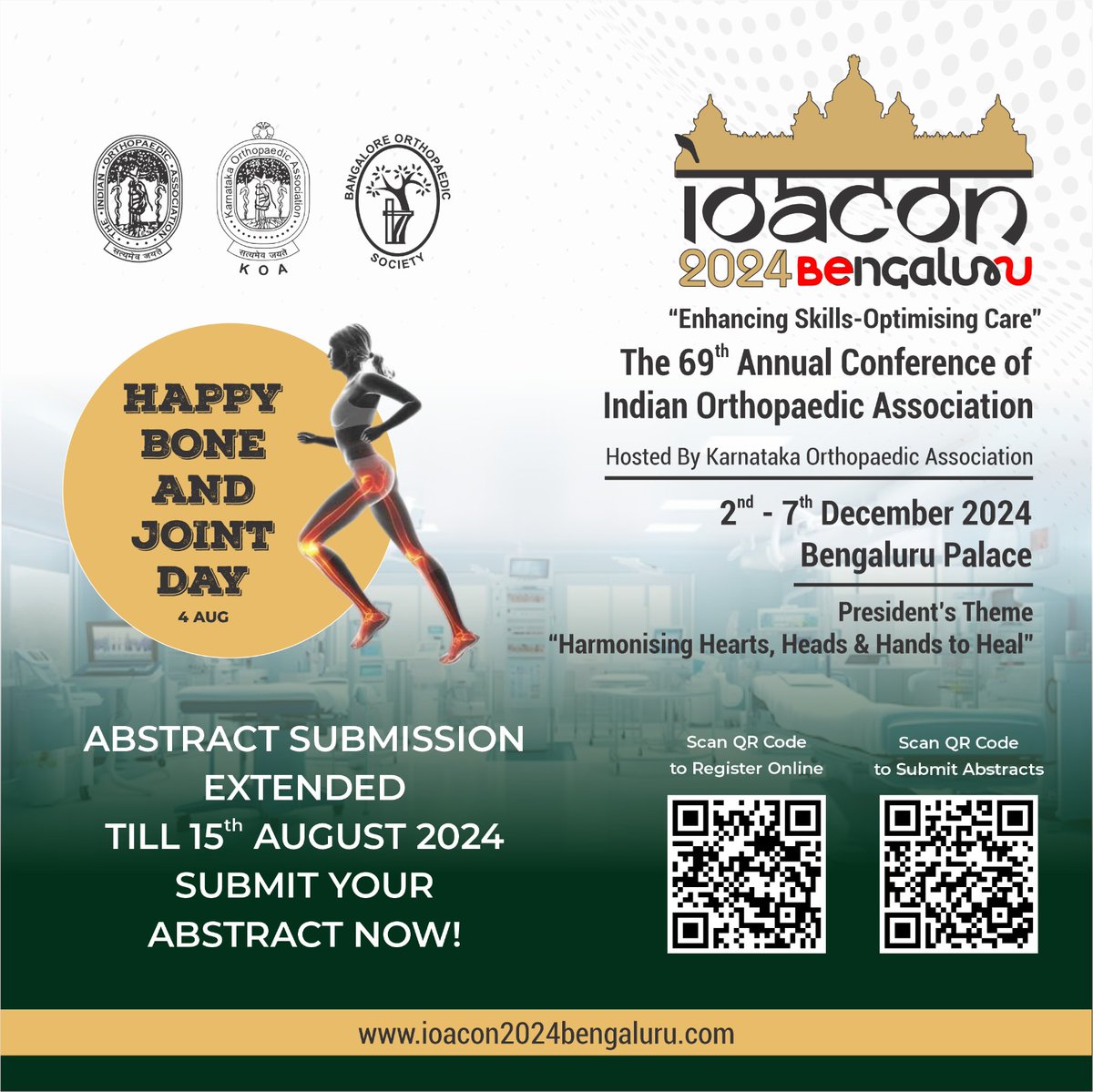 IOACON2024BLR's tweet photo. Happy Bone and Joint Day from IOACON!
We are excited to announce that the abstract submission deadline has been extended to August 15, 2024.

 Let's celebrate Bone and Joint Week together!

#IOACON2024 #BoneAndJointDay
#BoneAndJointWeek #Orthopedics #AbstractSubmission https://t.co/0H18hpqT0N