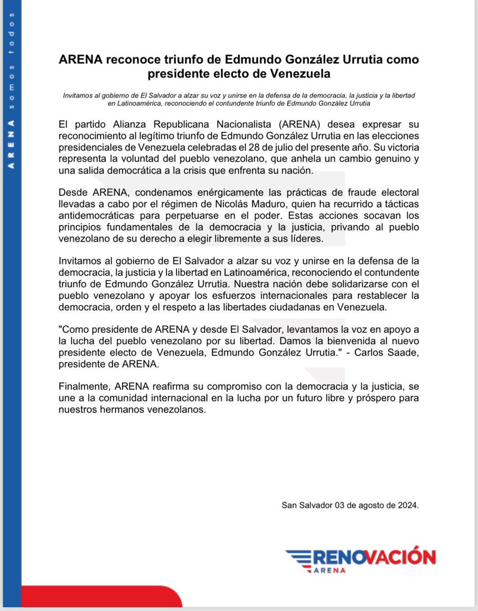 ARENA reconoce el triunfo de <a href="/EdmundoGU/">Edmundo González</a> en Venezuela e invita al gobierno de El Salvador a reconocerlo como presidente electo, apoyando así la democracia y las libertades en Venezuela.