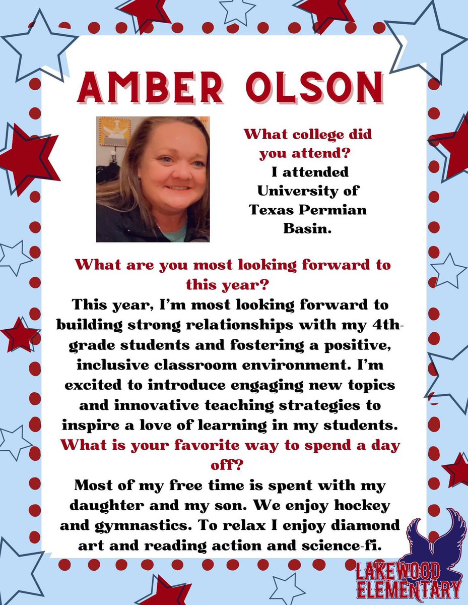 Last but certainly not least… help us welcome Ms. Olson as a new LWE Eagle!! She will be teaching 4th grade ELAR. 
❤️🦅💙