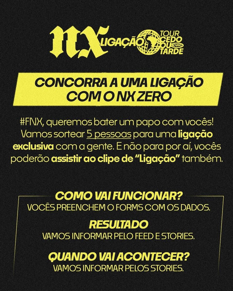 nxzerooficial's tweet photo. Fala, #FNX! Como vocês já sabem, "Ligação (Ao Vivo)" é o nosso próximo lançamento e essa é sua chance de concorrer a uma ligação exclusiva com a banda! Se inscreva no forms 👇

https://t.co/UrM7uFUpjh https://t.co/gP3uOzEnBE