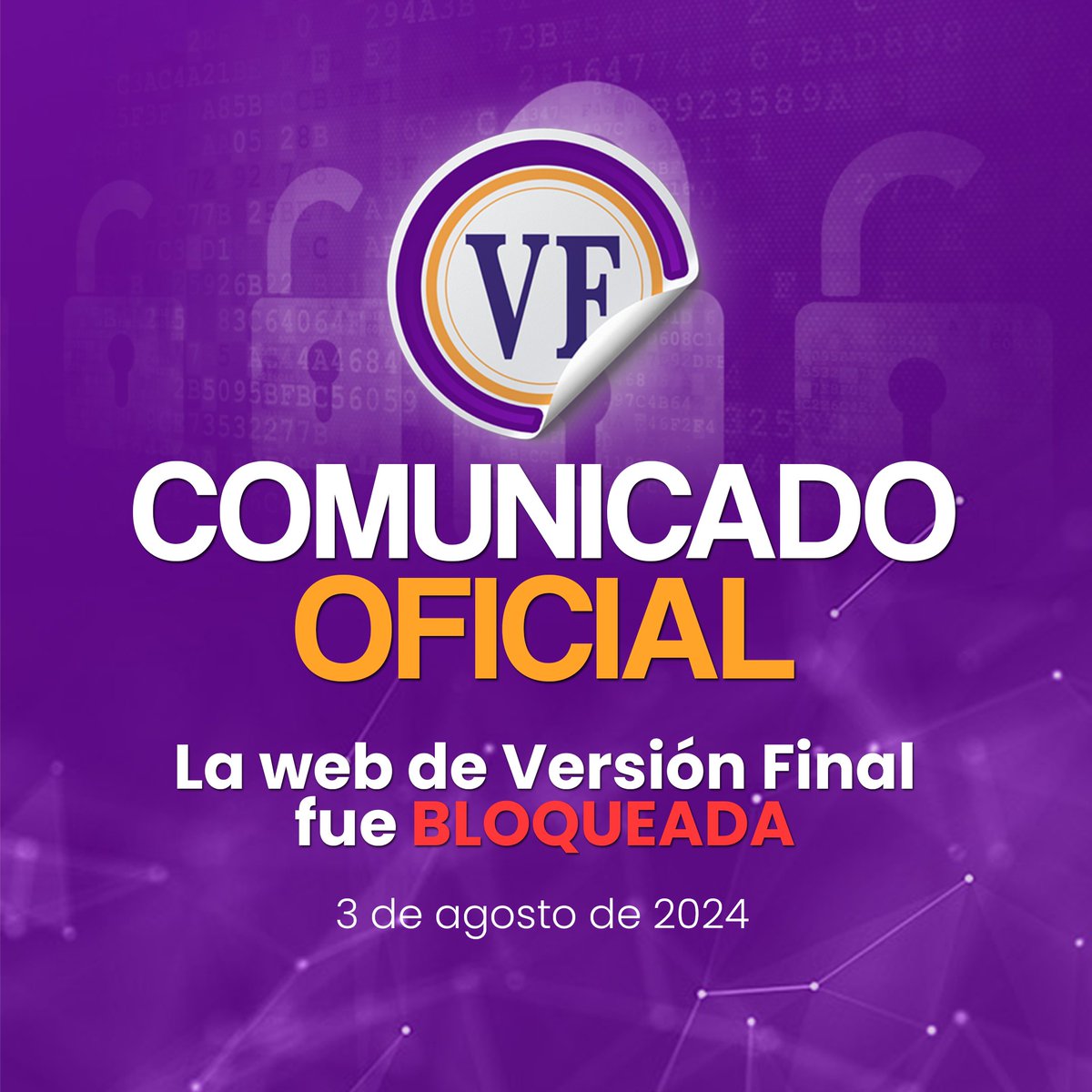VersionFinal's tweet photo. A todos nuestros lectores dentro y fuera de Venezuela en 16 años de actividad periodística.
Pasamos a informar que nuestro dominio https://t.co/fAniXQ2Gh0 ha sido objeto de una medida administrativa ordenada por Conatel.

#VFContigo #Maracaibo #Venezuela #Comunicado #versiónfinal https://t.co/2f5MfOjUhm