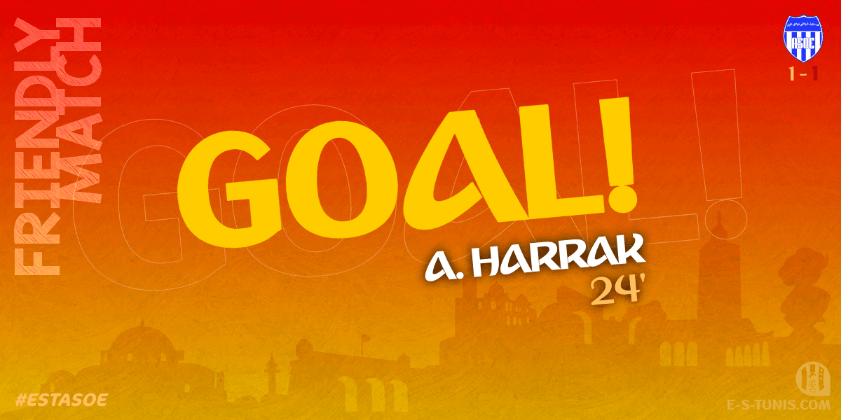 ESTuniscom's tweet photo. ⏱ 24' | #Friendly  #ESTASOE | @ESTuniscom 1⃣-1⃣ #ASOuedEllil : ⚽️ A. Harrak (ASOE) scores! / هدف / But https://t.co/wmkJbcob2s