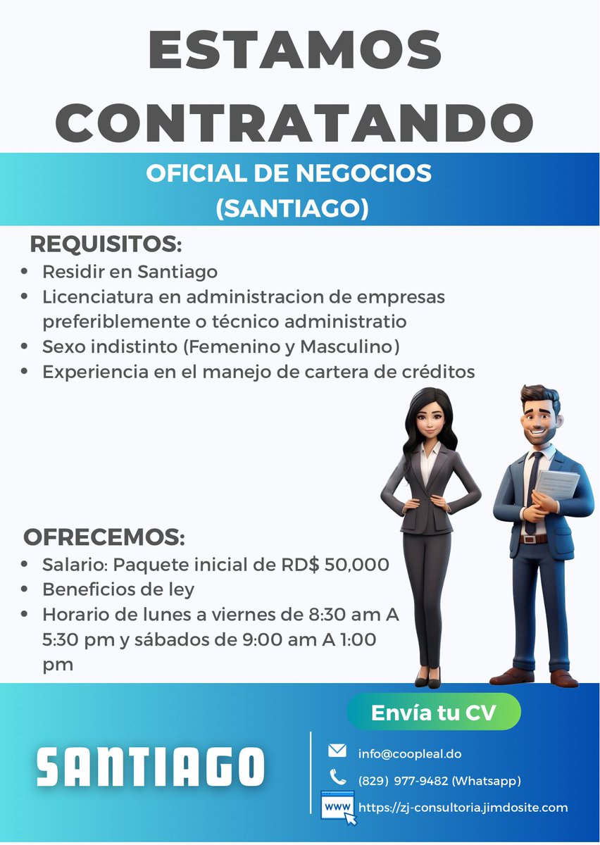 zujav's tweet photo. Estamos solicitando oficial de negocio para empresa del sector cooperativo, aplica enviando tu CV a info@coopleal.do indicar en el asunto del mensaje el nombre de la vacante.

#Empleo #Trabajo #Curriculum #Vacantes #oportunidadeslaborales #EmpleosDeLaSemana
#VacantesDisponibles https://t.co/xP3niEhRX2