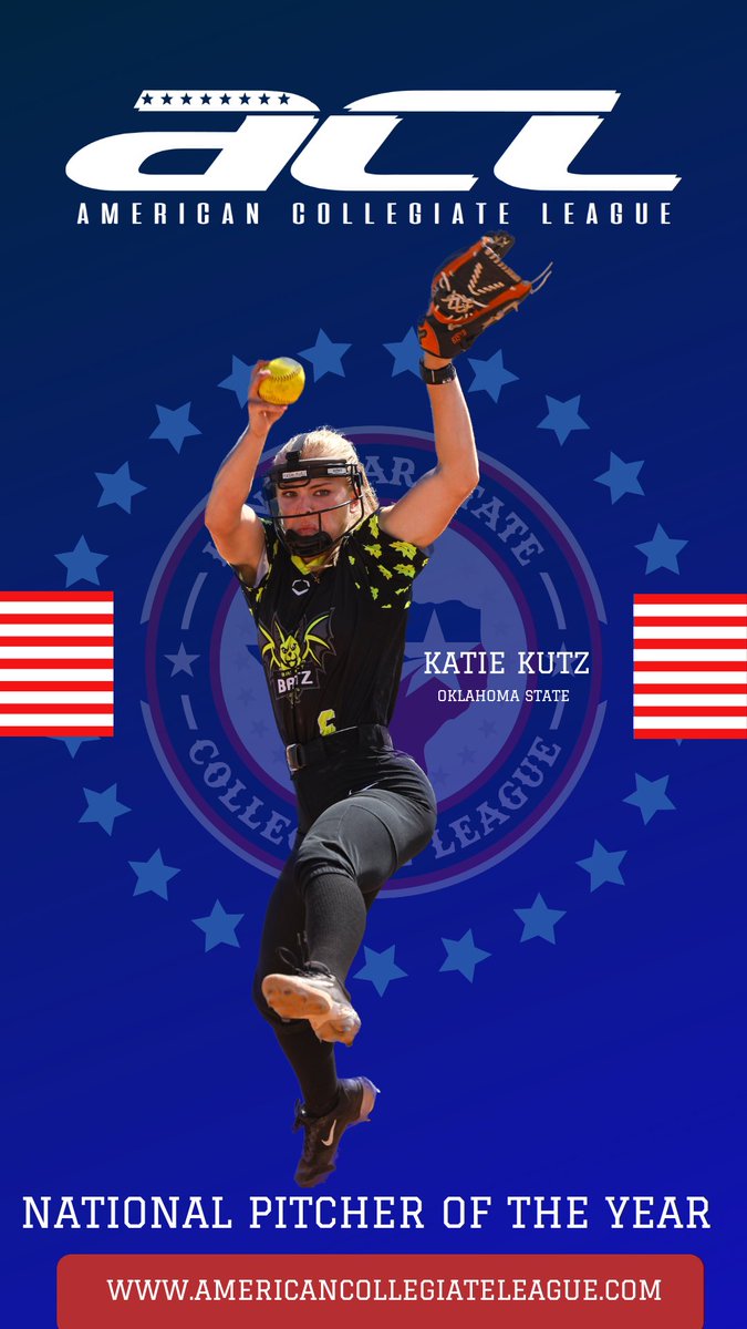 ACLcollegiate's tweet photo. The 2024 American Collegiate League, National Pitcher of the Year Award, congratulations to @KutzKatie from @cowgirlsb on a well deserved honor. Katie led the @lonestarleague in most categories for the Bat City Batz &amp; was crowned league pitcher of the year as well. https://t.co/bZwT4Qw7gf