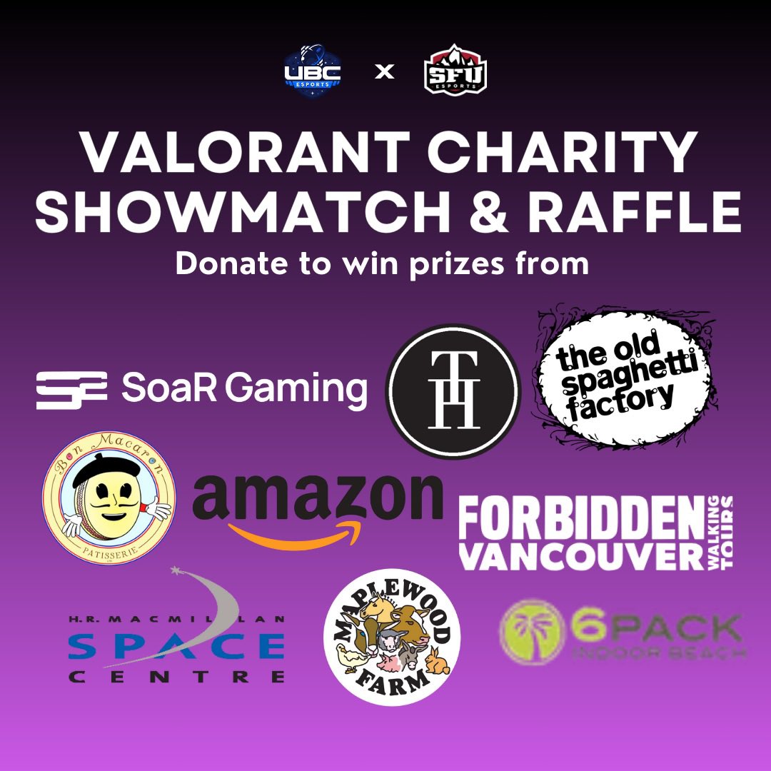 ubcesports's tweet photo. As part of the Valorant LAN, we will be having a charity showmatch + raffle! The winning team of the showmatch will select which charity the proceeds go to. Use the link below to help support a local charity and also be entered to win some cool prizes. 
https://t.co/0gUISBnApg https://t.co/tyJablXGbi