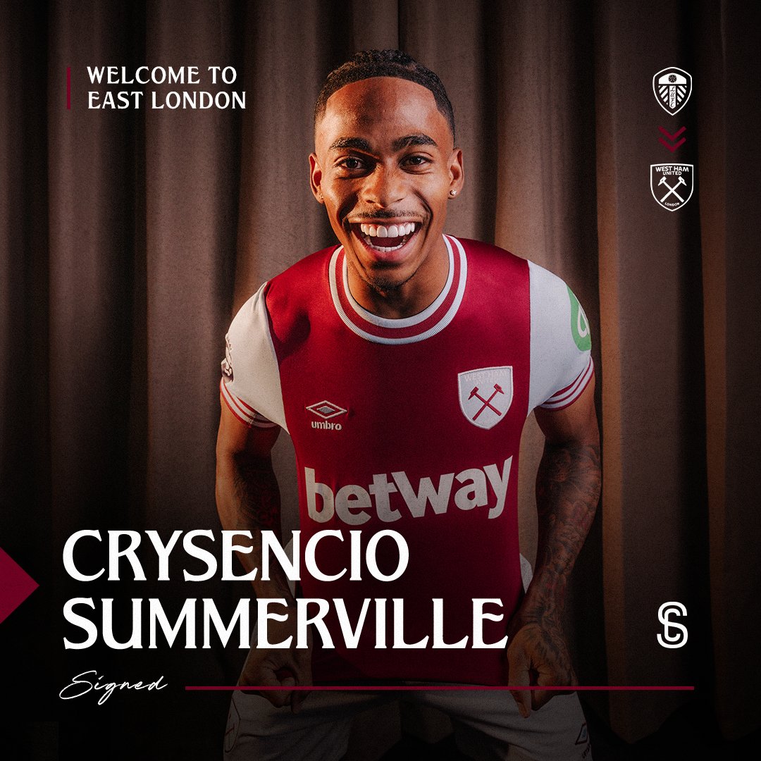 WestHam's tweet photo. West Ham United is delighted to announce the signing of Netherlands U21 international winger Crysencio Summerville.

The 22-year-old joins the Hammers from EFL Championship club Leeds United on a five-year deal with a one-year option for an undisclosed fee.