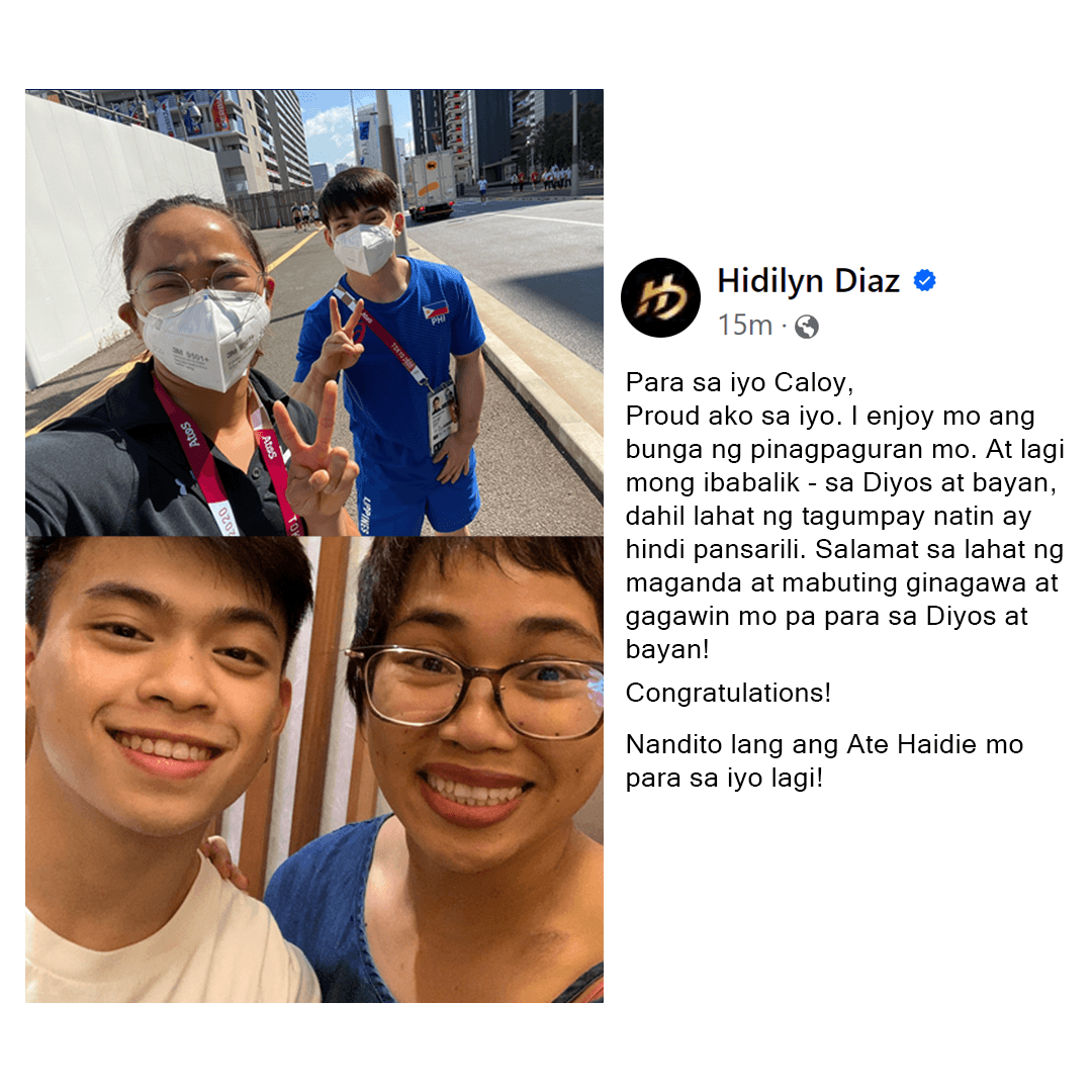 FROM ONE OLYMPIC GOLD MEDALIST TO ANOTHER 💙

From Ate, with love. Tokyo 2020 gold medalist Hidilyn Diaz expresses immense pride in fellow Filipino Olympian Carlos Yulo, who also secured a gold medal at #Paris2024 men’s artistic gymnastics.

📸 Hidilyn Diaz