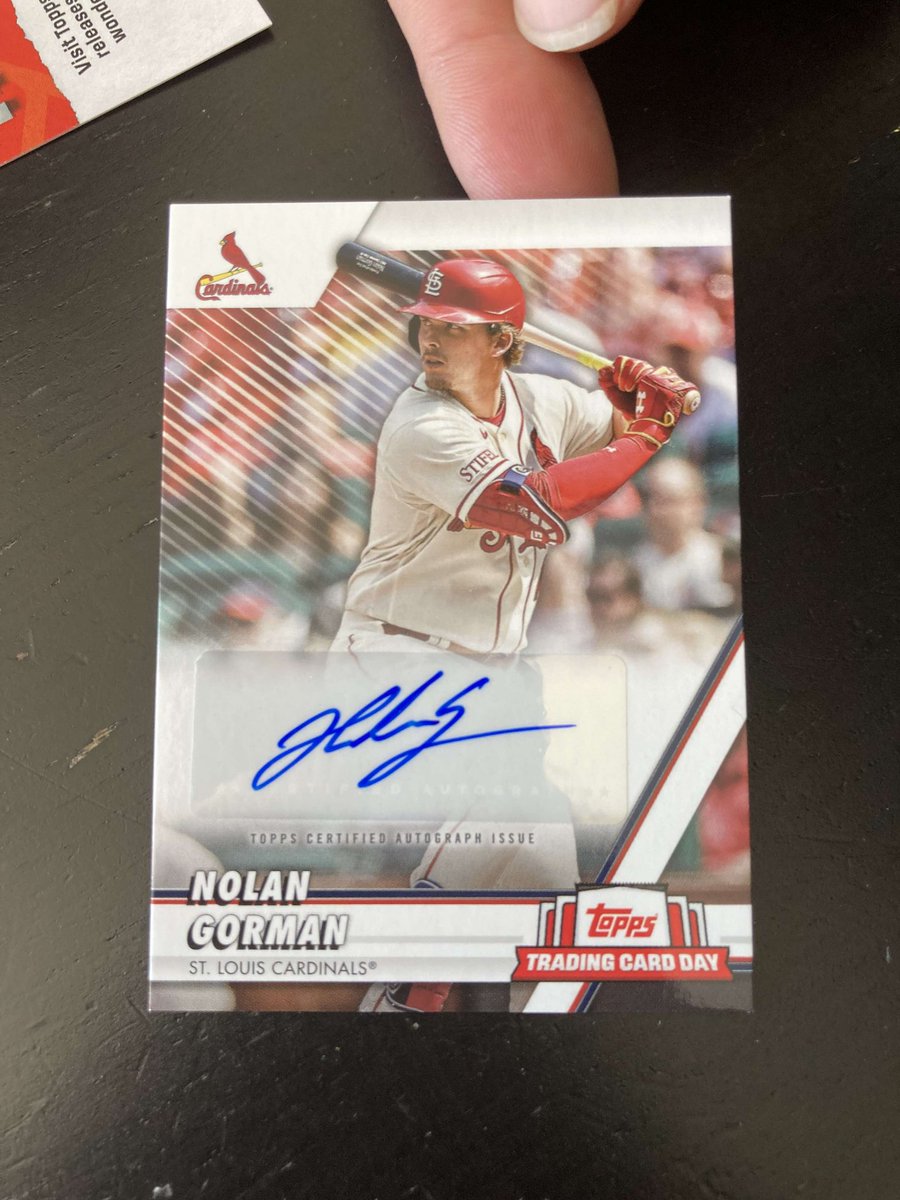 RbiCru7's tweet photo. More autos coming out of the @topps #ITCD packs! Sweet looking Nolan Gorman auto was pulled! There's still more fire to be pulled! Get your packs while they last! https://t.co/YEdnZuUANG