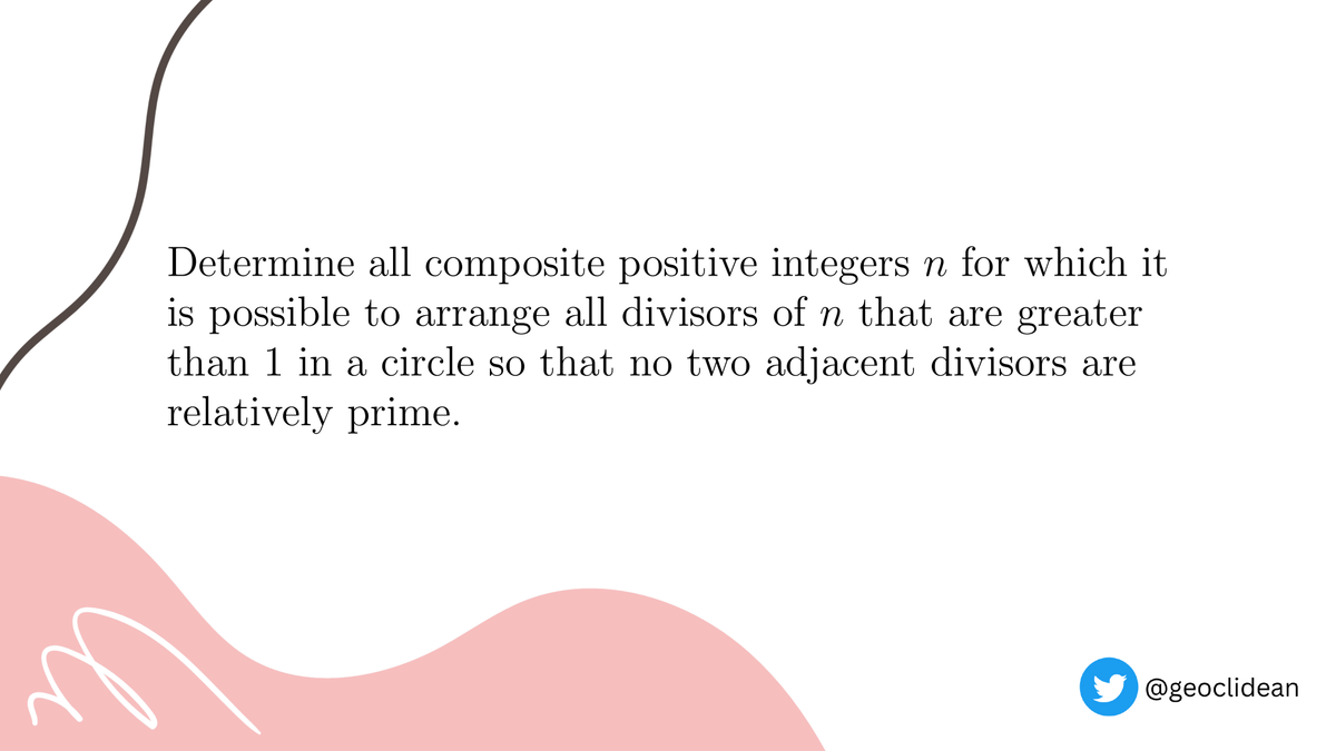 geoclidean's tweet image. divisors on a circle
#Induction #NumberTheory #NumberTheorySolved #PrimeNumbers #Combinatorics #CombinatoricsSolved #Arrangements