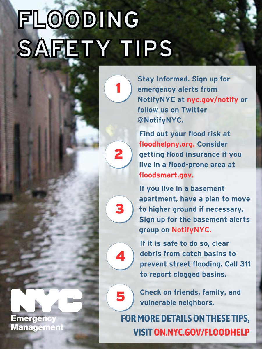 A Flood Watch in effect, especially for low-lying/poor drainage areas until midnight. 

Learn more safety tips on what to do before, during, &amp; after a flood at nyc.gov/floodhelp.

For up-to-date weather alerts, follow <a href="/NotifyNYC/">NYCEM - Notify NYC</a> on X or sign up at nyc.gov/notify.