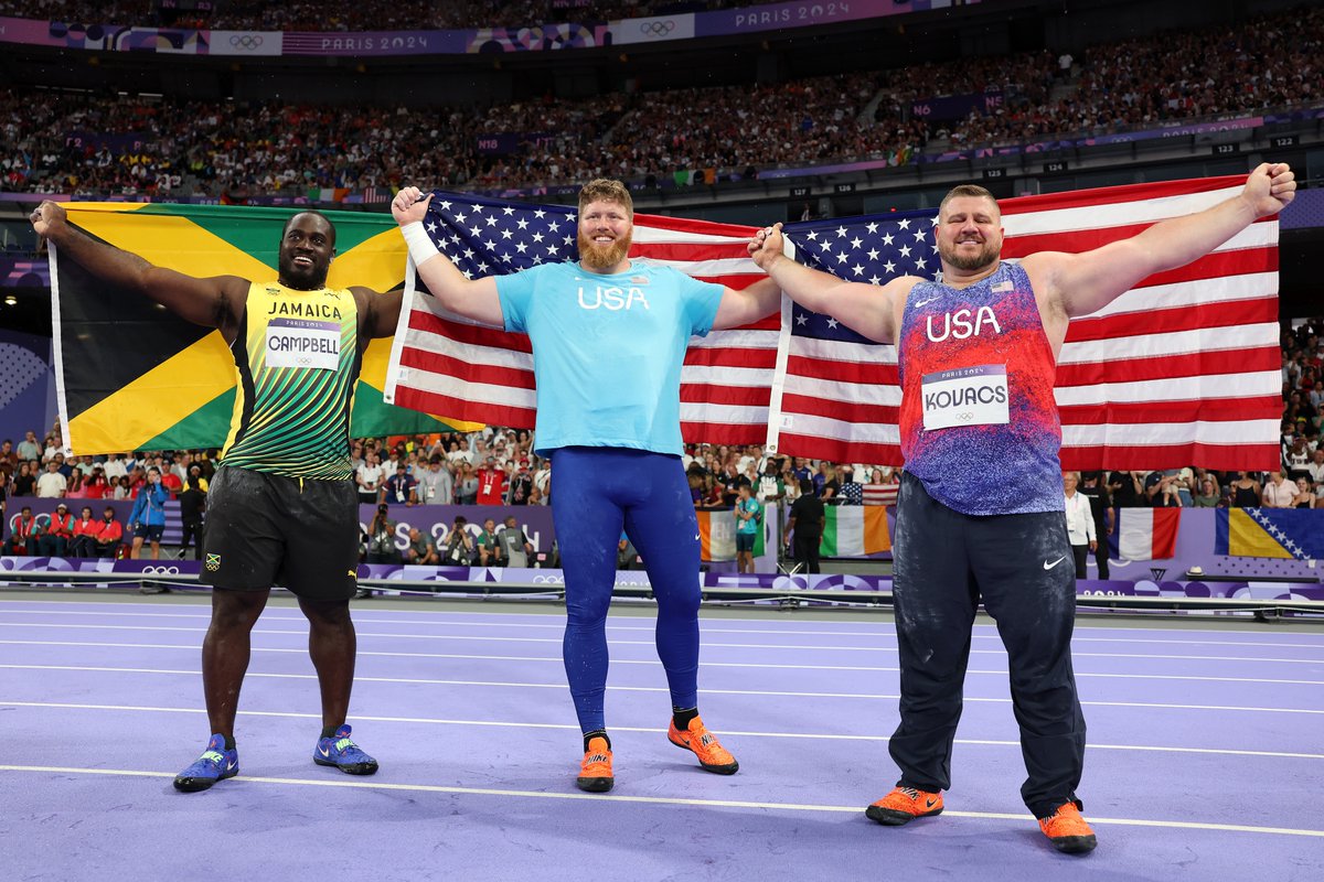 World Athletics (@worldathletics) on Twitter photo Shot put titans 💪
🥇 Ryan Crouser 🇺🇸
🥈 <a href="/JoeKovacsUSA/">Joe Kovacs</a> 🇺🇸
🥉 Rajindra Campbell 🇯🇲
#Paris2024 #OlympicGames Shot put titans 💪
🥇 Ryan Crouser 🇺🇸
🥈 <a href="/JoeKovacsUSA/">Joe Kovacs</a> 🇺🇸
🥉 Rajindra Campbell 🇯🇲
#Paris2024 #OlympicGames