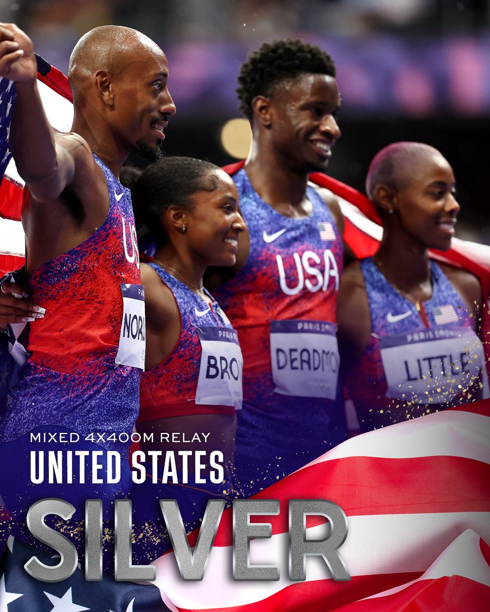 Team USA is bringing home some hardware as they win silver in the mixed 4x400m relay. #ParisOlympics

📺: NBC, USA Network &amp; Peacock
