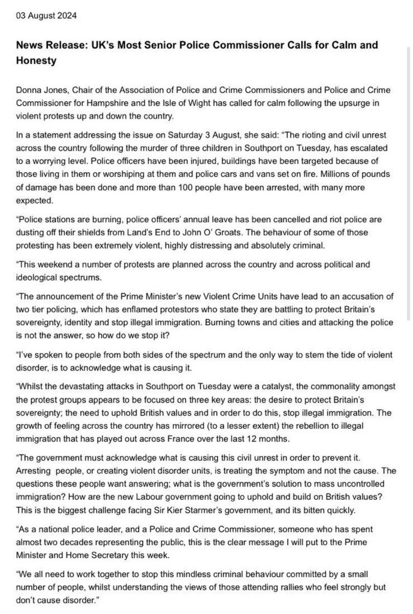 AaronBastani's tweet photo. This is a genuinely extraordinary intervention from a Tory *police and crime commissioner* (Donna Jones). 

In response to dozens of officers being hospitalised, police stations being torched and mass disorder, she’s talking about immigration and national sovereignty. https://t.co/ohiBRGbNQd