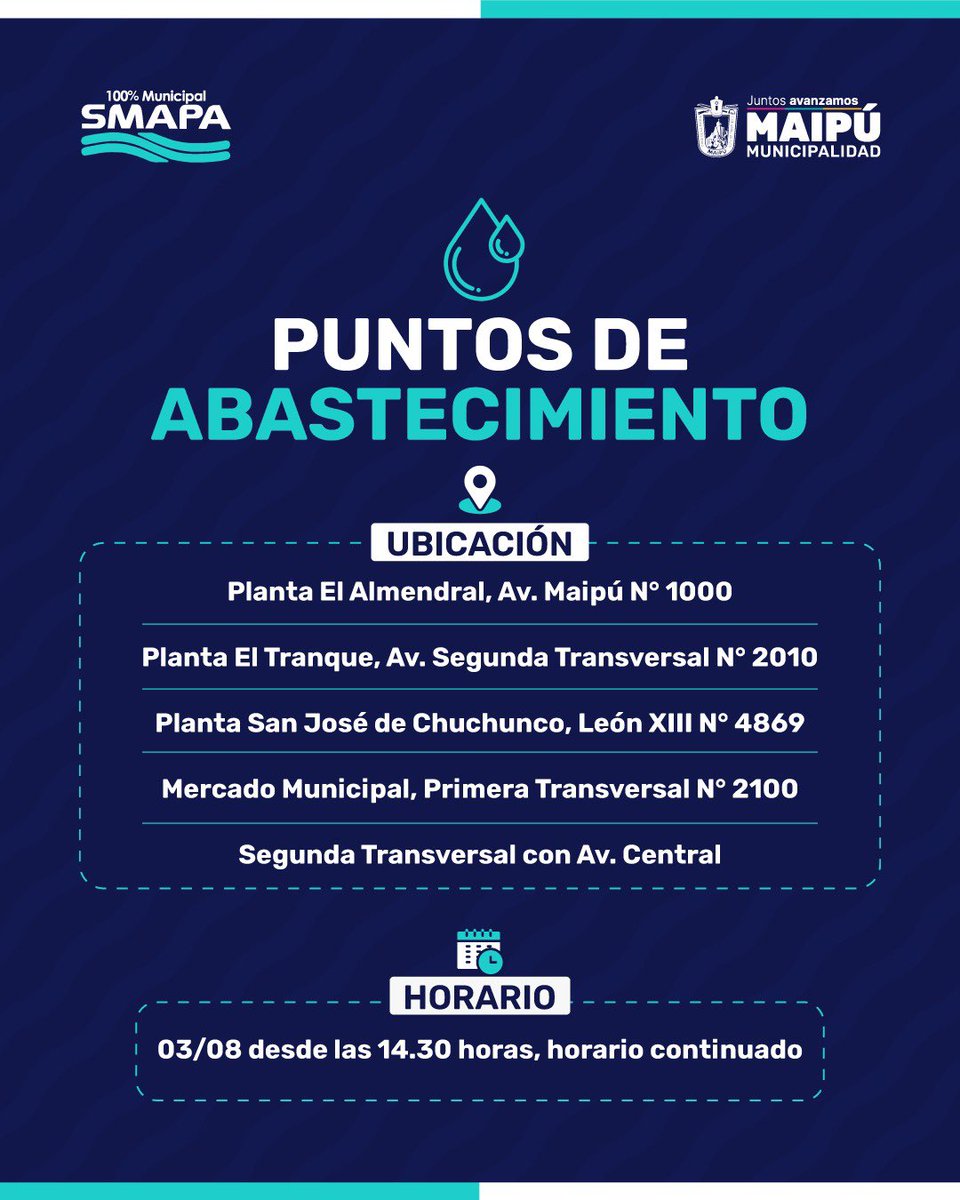 INFORMACIÓN IMPORTANTE 

Debido a los cortes de agua causados por la falta de electricidad en nuestras plantas, habilitamos diversos puntos de abastecimiento en la comuna 👇Estamos poniendo urgencia a <a href="/enelchile/">Enel Chile</a> para que el servicio sea repuesto lo antes posible.