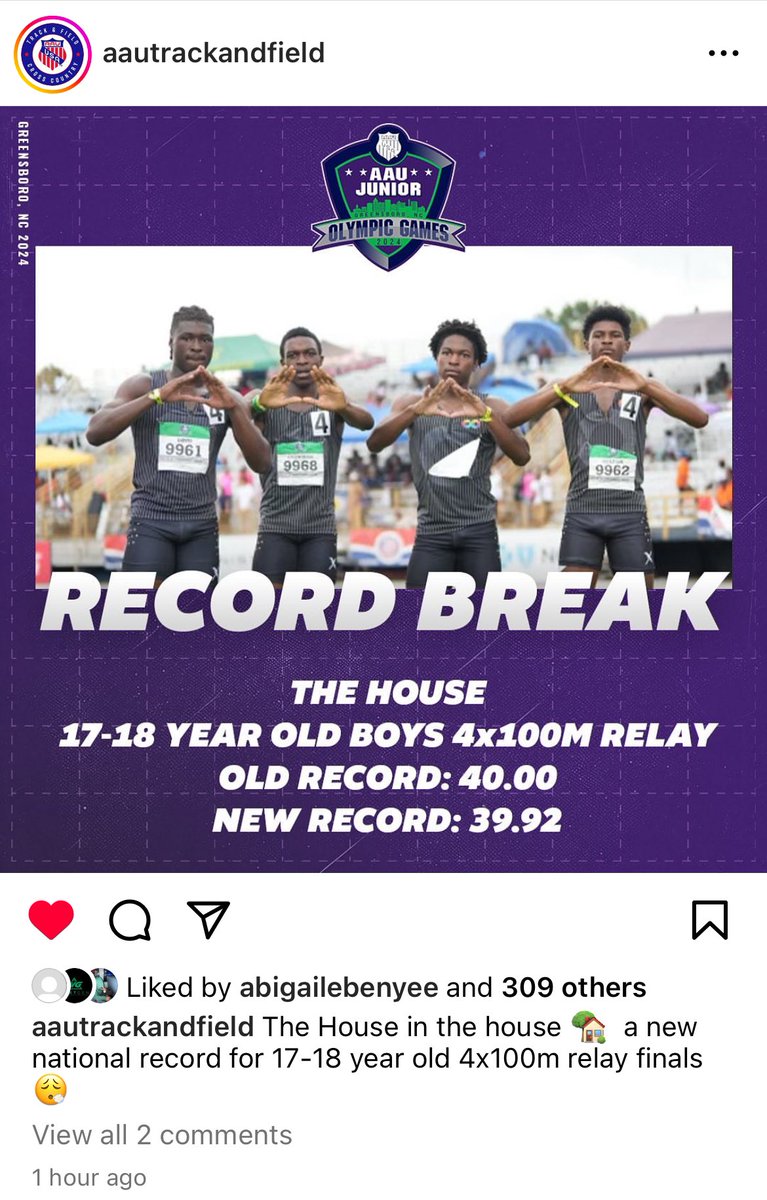 Montgomery Blair’s Quentin Braithwaite ran second leg on the new AAU National champions &amp; new national record holder 4x1 team from The House! Great job!