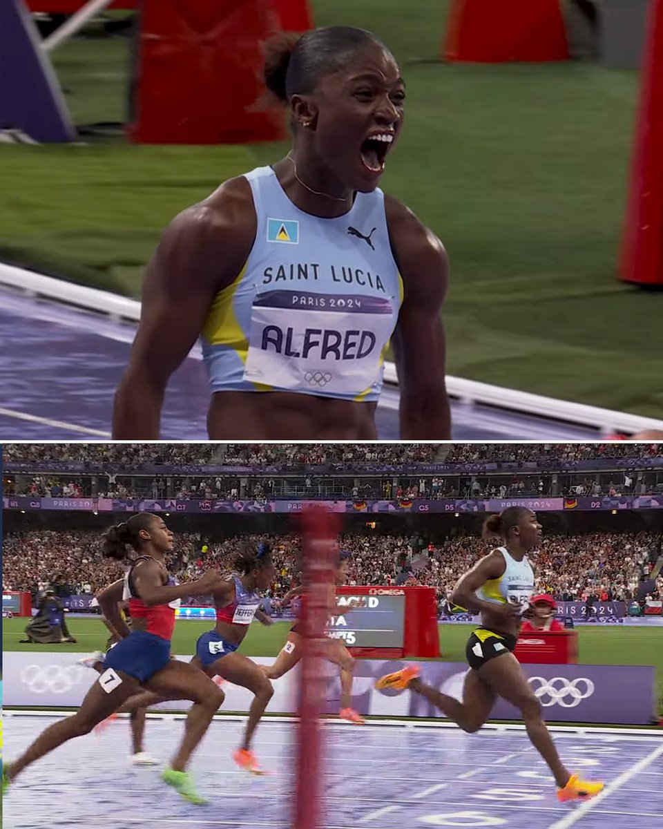 espn's tweet photo. JULIEN ALFRED CLAIMS GOLD IN THE WOMEN'S 100M 🥇

It's the first ever Olympic medal for Saint Lucia 🇱🇨 https://t.co/WsbRhHSKpM