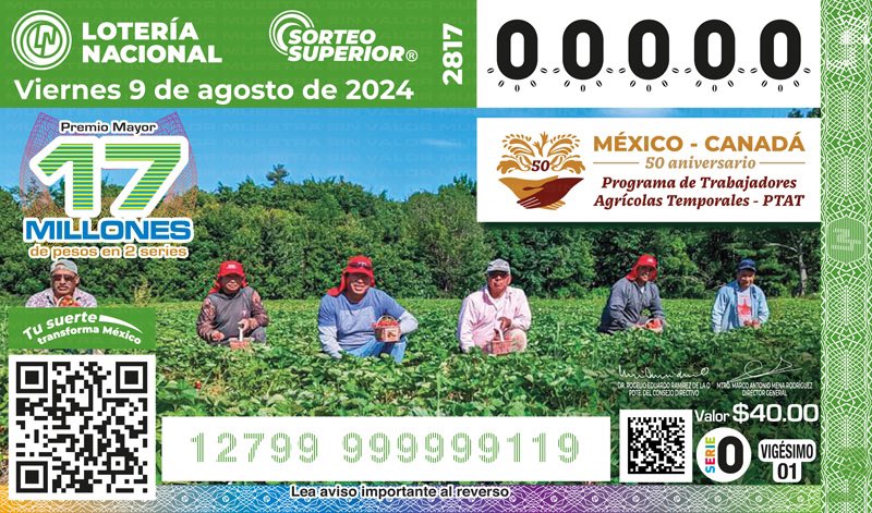 AHORACANADA's tweet photo. ¡Premio Mayor! Canadá se ganó la lotería con el programa de trabajadores agrícolas mexicanos. 

🇲🇽 Por 50 años han cultivado los campos canadienses y para celebrarlo develaron el billete del Sorteo Superior No. 2817, con un Premio Mayor de 17 millones de pesos. https://t.co/ViLJ9pZRdJ