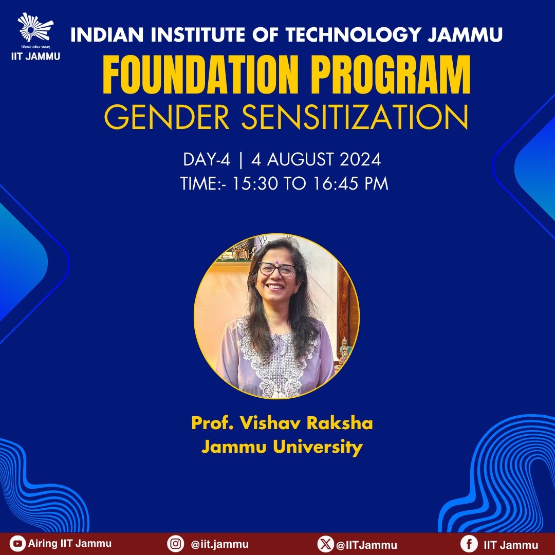 IITJammu's tweet photo. IIT Jammu is excited to welcome Prof. Vishav Raksha from Jammu University for a keynote on Day 4 of Foundation Program 2024. Her insights on academic excellence and personal growth will inspire our new students. 

#IITJammu #FoundationProgram2024 #KeynoteSession #JammuUniversity https://t.co/RUr5ag5JuD