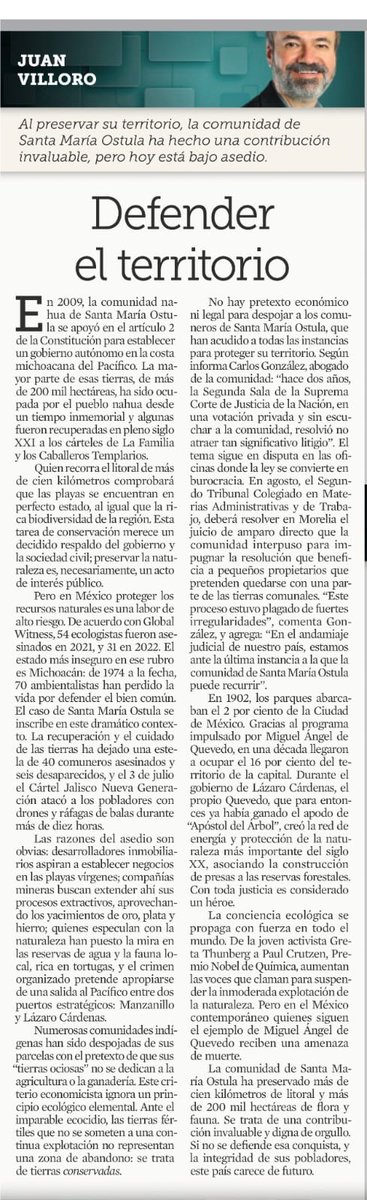 Como bien recuerda <a href="/JuanVilloro56/">Juan Villoro</a> en su columna: nuestra comunidad ha defendido más de 100 km del litoral Pacífico mexicano y  cerca de 200 mil hectáreas de flora y fauna. ¿Eso nos convierte en criminales y justifica la guerra que estamos librando? 

reforma.com/defender-el-te…