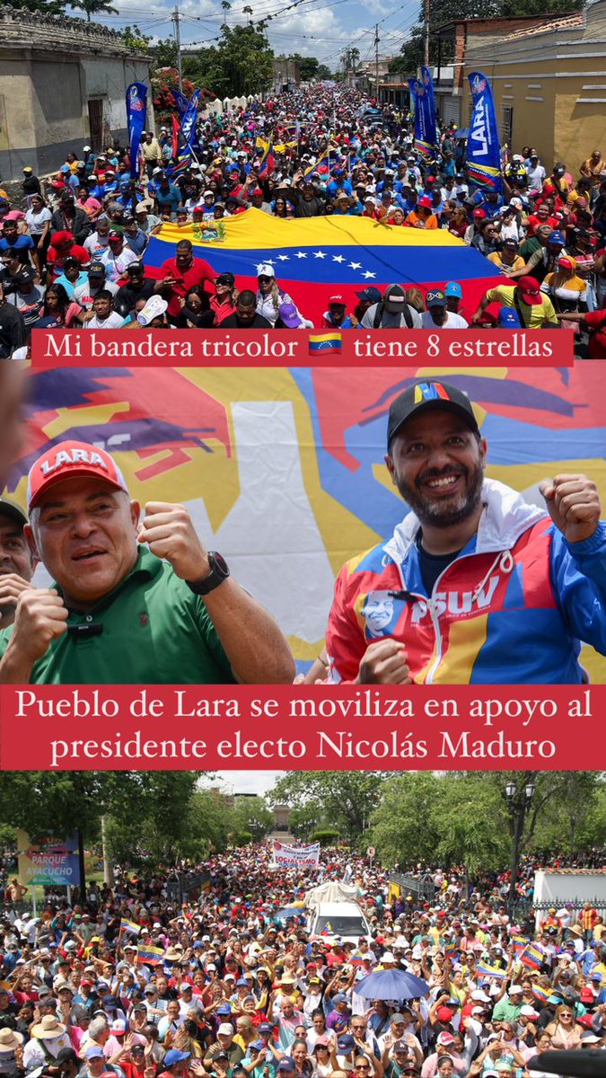 *#EsNoticia*
*#EstadoLara*
*#3Ago*

Con un gran movilización de pueblo, se celebró en el estado Lara una gran marcha en apoyo al presidente electo Nicolás Maduro con un llamado a la paz y en honor al día del tricolor nacional conformado por 8 estrellas.
<a href="/AdolfoP_Oficial/">Adolfo Pereira Gobernador</a>