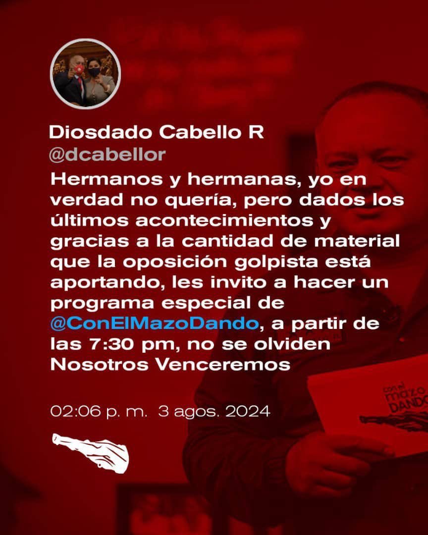 Está noche programa especial con nuestro capitan ⁦<a href="/dcabellor/">Diosdado Cabello R</a>⁩ impélable con el ⁦<a href="/ConElMazoDando/">Con el Mazo Dando</a>⁩ 7:30pm nosotros venceremos