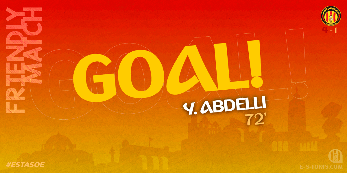ESTuniscom's tweet photo. ⏱ 73' | #Friendly  #ESTASOE | @ESTuniscom 4⃣-1⃣ #ASOuedEllil : ⚽️ Y. Abdelli (EST) scores! / هدف / But https://t.co/ud2yDxsPNr