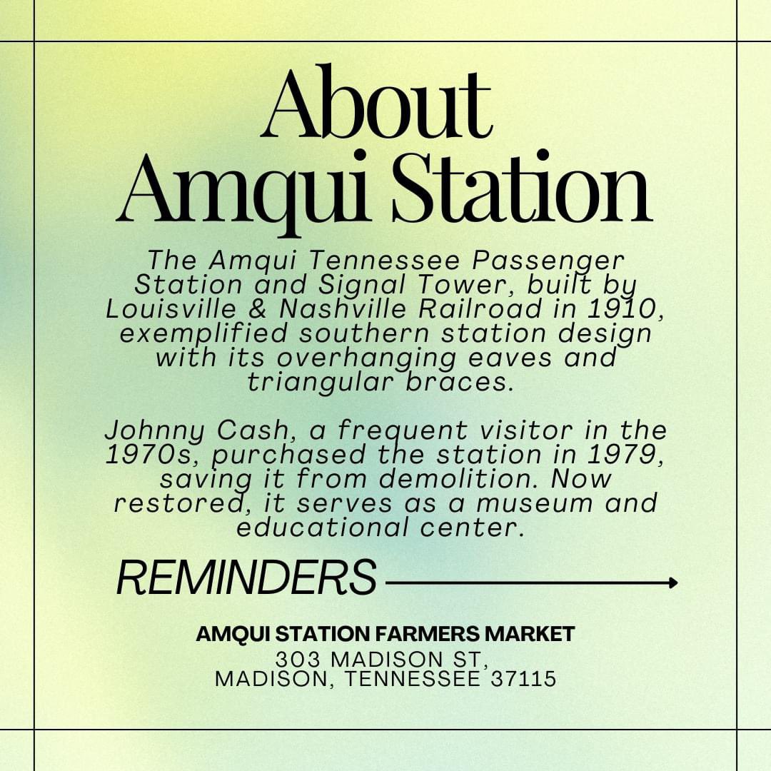 AmquiStation's tweet photo. Here are some friendly reminders for the Kacey Musgraves: Deeper into the Well Farmers Market Pop-up at the Amqui Station Farmers Market this Sunday! Experience local produce, art, and community spirit at the historic passenger train station Johnny Cash saved. https://t.co/YQl667qNsx