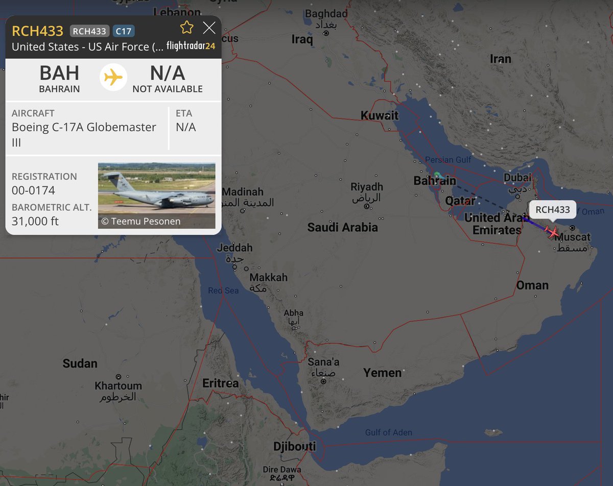 TheSnoopySnoop's tweet photo. #RCH433 C-17A Globemaster III, 00-0174, #AE0679         

Airbourne from Bahrain, heading to Diego Garcia.
Previous routing Elmendorf, Norfolk, Rota, Sigonella, Bahrain.

#avgeek #planespotting https://t.co/LNRaSNRohb