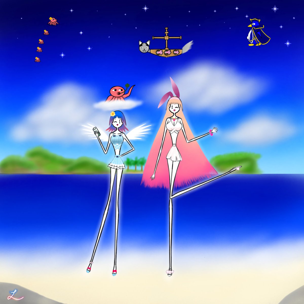 LSingclair's tweet photo. Vacation Da! 🏴☠️🐱🐧
バケーションだ!🏴☠️🐱🐧
#fanart #illustration #summervacation #parodius #parodiusda #kokebunny #kyabanee #ファンアート #二次創作 #夏休み #パロディウスだ #こけバニ #きゃばねえ #ゲー恋 @kokessyi113 https://t.co/xzdFFPX7d4