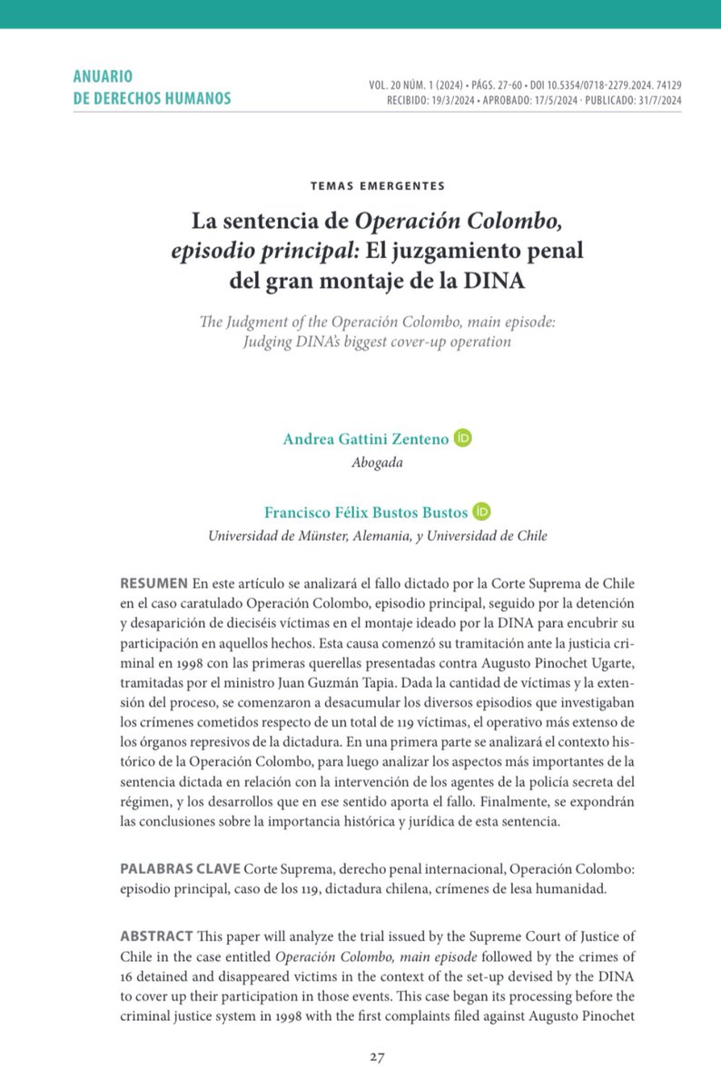 Francisco Bustos @FBustos.bsky.social (@fbustos_1) on Twitter photo #DDHH Con mi amiga y colega Andrea Gattini publicamos este texto en <a href="/anuarioddhh_uch/">Anuario de Derechos Humanos</a> sobre la sentencia del proceso Operación Colombo Ep. Principal por 16 desapariciones forzadas
Es una causa en que participamos como querellantes en Estudio Caucoto💪🏼💪🏼
anuariocdh.uchile.cl/index.php/ADH/… #DDHH Con mi amiga y colega Andrea Gattini publicamos este texto en <a href="/anuarioddhh_uch/">Anuario de Derechos Humanos</a> sobre la sentencia del proceso Operación Colombo Ep. Principal por 16 desapariciones forzadas
Es una causa en que participamos como querellantes en Estudio Caucoto💪🏼💪🏼
anuariocdh.uchile.cl/index.php/ADH/…